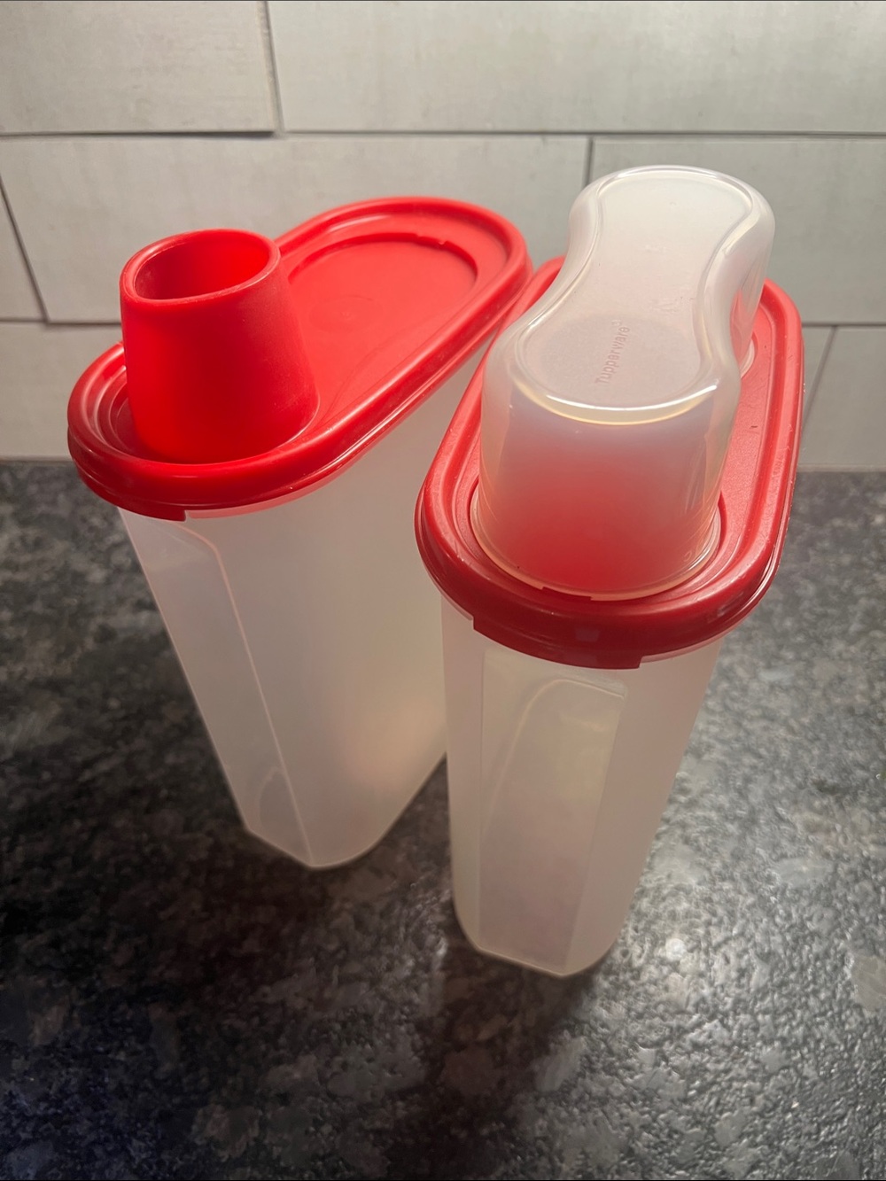 Set of 2 Tupperware Red Plastic Pour-Top Storage Containers in Red and Clear